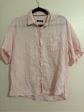 Relaxed Light Pink Linen Button-Front Blouse - Casual Short Sleeve